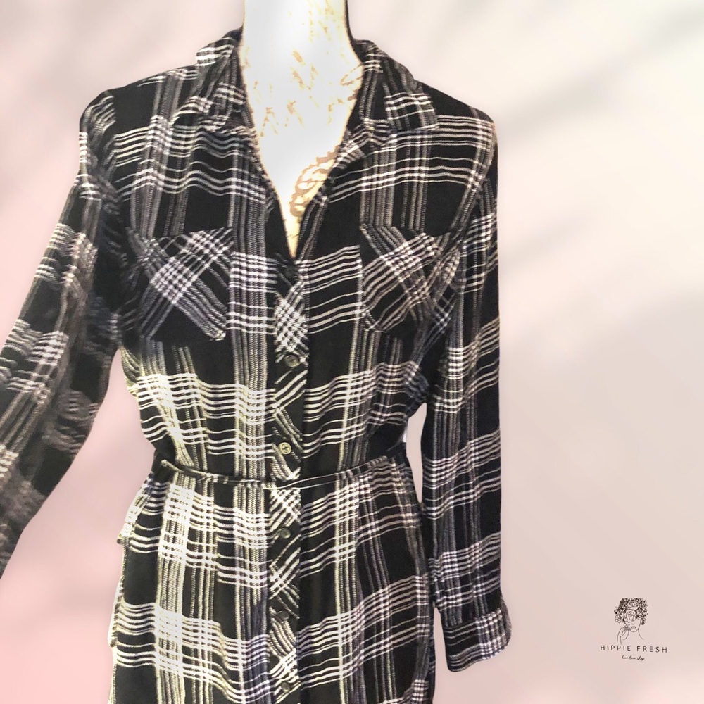 BeachLunchLounge Brand B&W Plaid Thin Flannel Long Sleeve Shirt Dress Size L - Picture 4 of 9